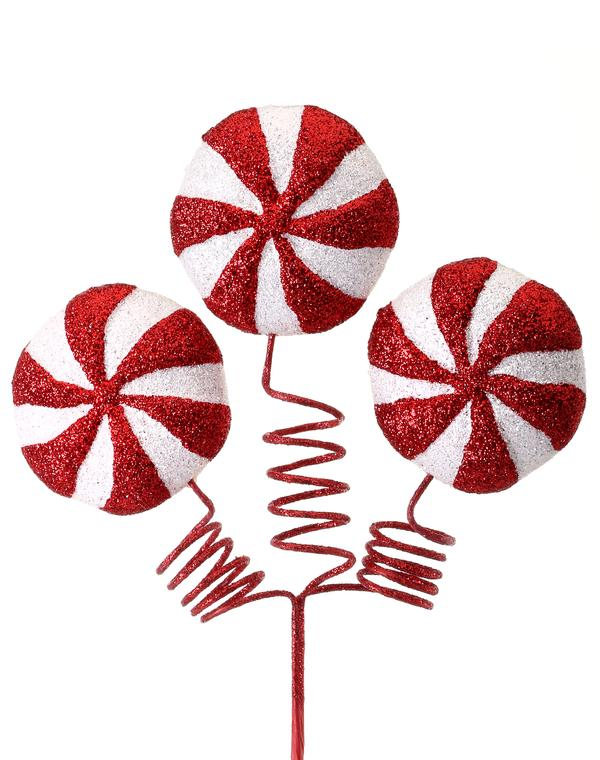 Eighteen-inch peppermint spring spray with red and white glitter coating.