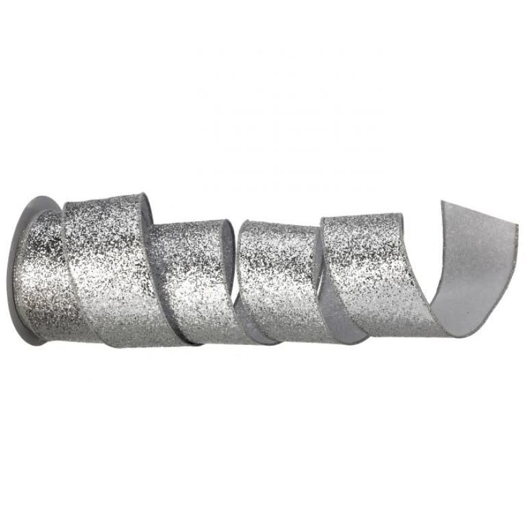 A roll of silver shimmer glitter wired ribbon, 2.5 inches wide, with a sparkling textured finish.