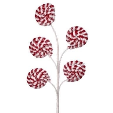 Twenty-two inch white branch disk spray with red and white sparkly peppermint decorations.