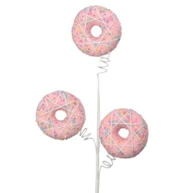 Three pink donut-shaped sprays with candy sprinkles on a 24-inch floral stem.