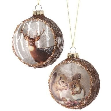 Two 4-inch glass ball ornaments featuring woodland scenes of a deer and squirrels with brown rims.