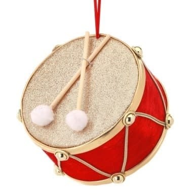 6-inch velvet drum ornament in red with gold accents