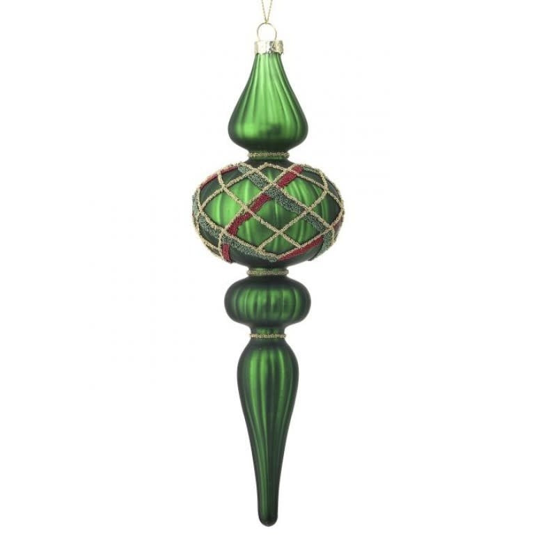 Nine-inch glass beaded plaid finial ornament with a square silhouette.