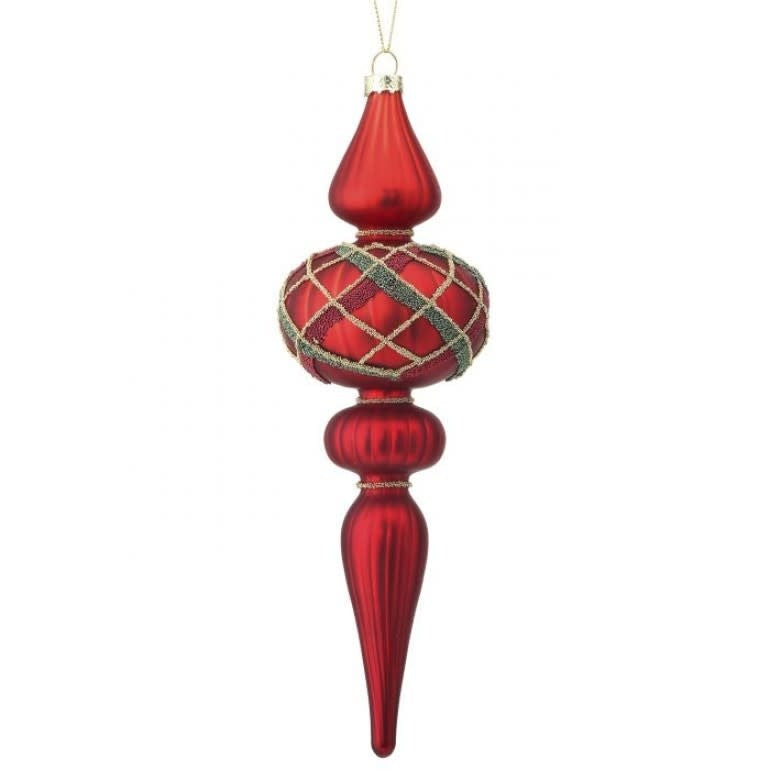 9-inch glass beaded plaid finial ornament with a square silhouette featuring red and green checkered pattern.