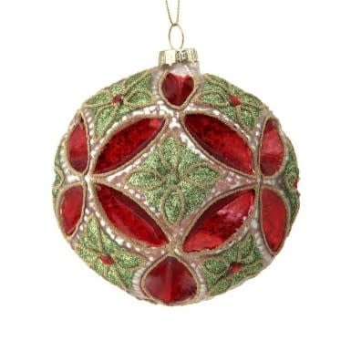 Four-inch round glass ornament with geometric beadwork in red.