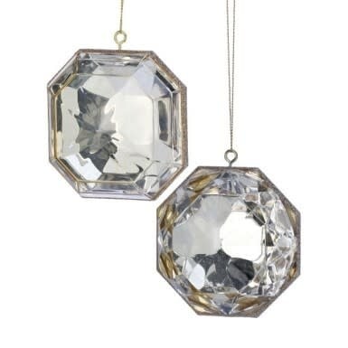 Two 4-inch clear acrylic gem-shaped ornaments with faceted surfaces and gold-toned metal frames.