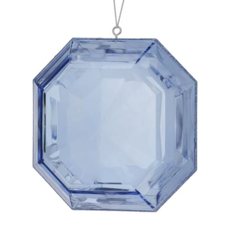 Light blue, square-shaped acrylic precious gem ornament with faceted edges and a silver hanging loop.