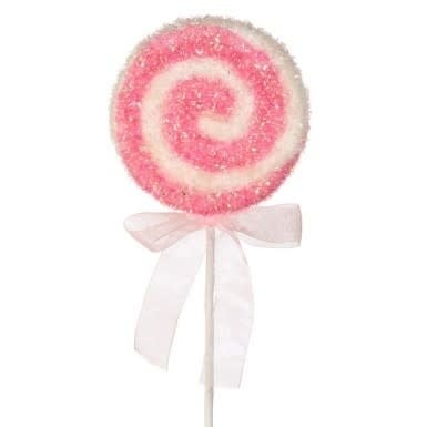 Seventeen-inch red and white swirl candy lollipop ornament with a sparkling accent bow