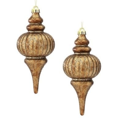 Two copper gold speckled finial ornaments with a ribbed, teardrop silhouette.