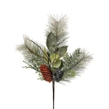 Sixteen-inch artificial frost pine leaf spray with cedar-colored branches in a flowing tree-like silhouette.