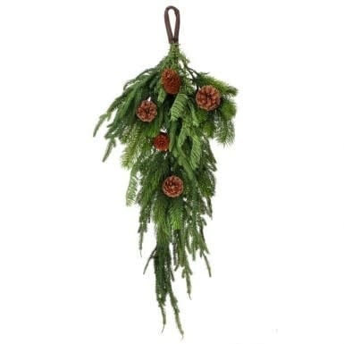 Artificial Norfolk spruce and juniper teardrop swag with brown pinecones on a green foliage base.