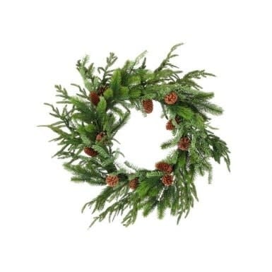 A round Norfolk/Spruce/Juniper artificial wreath with natural green foliage and a wooden mount.