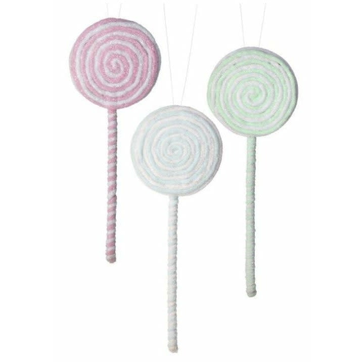 Fourteen-inch frosted pastel lollipop ornament with a candy swirl pattern on a tree branch.