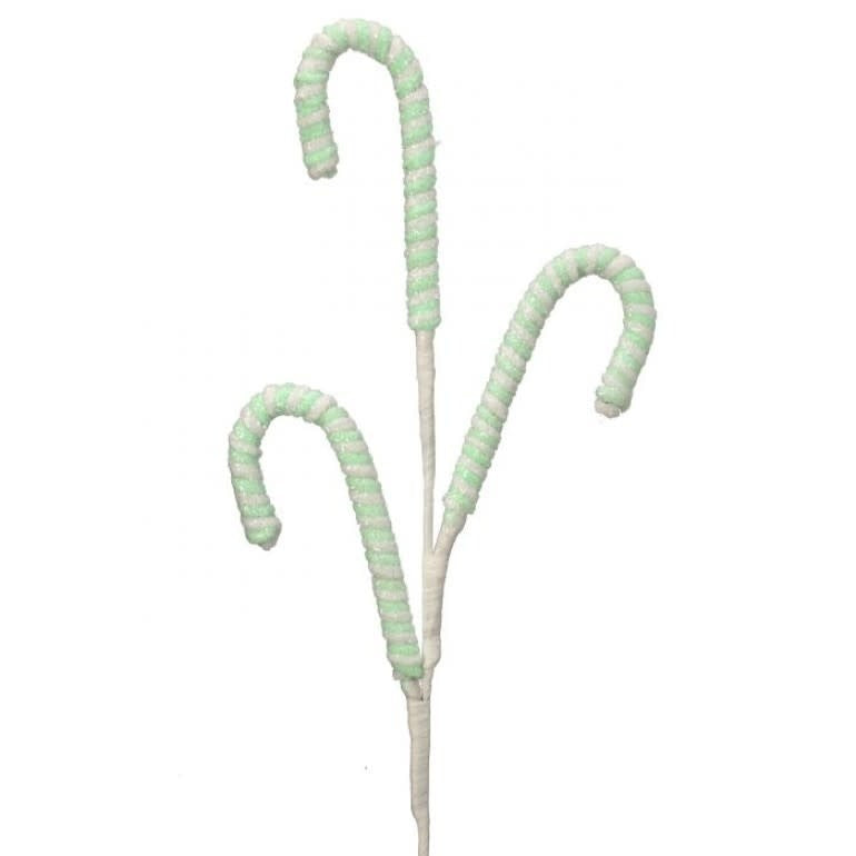 27.5-inch frosted pastel green and white striped candy cane decorative spray for Christmas trees.