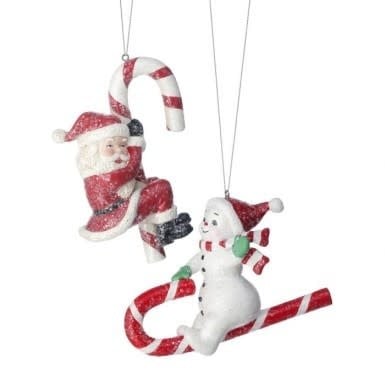 Five-inch candy cane shaped holiday tree ornament with red and white striped pattern.