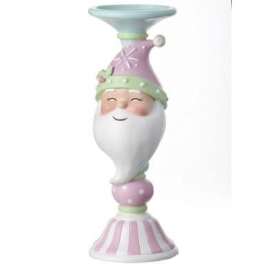 12-inch pastel resin candle stand featuring a whimsical Santa Claus design with striped base.