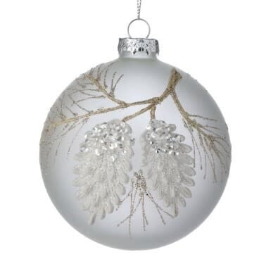 A 4-inch silver glass ball ornament featuring a glittery pine cone and branch design.