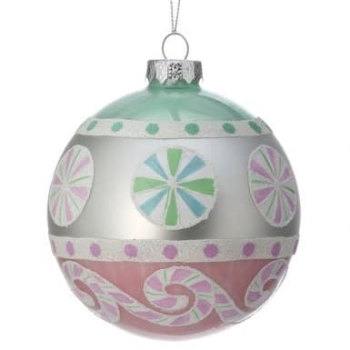 4-inch glass Christmas ornament with pastel peppermint patterns on a silver and pink background.
