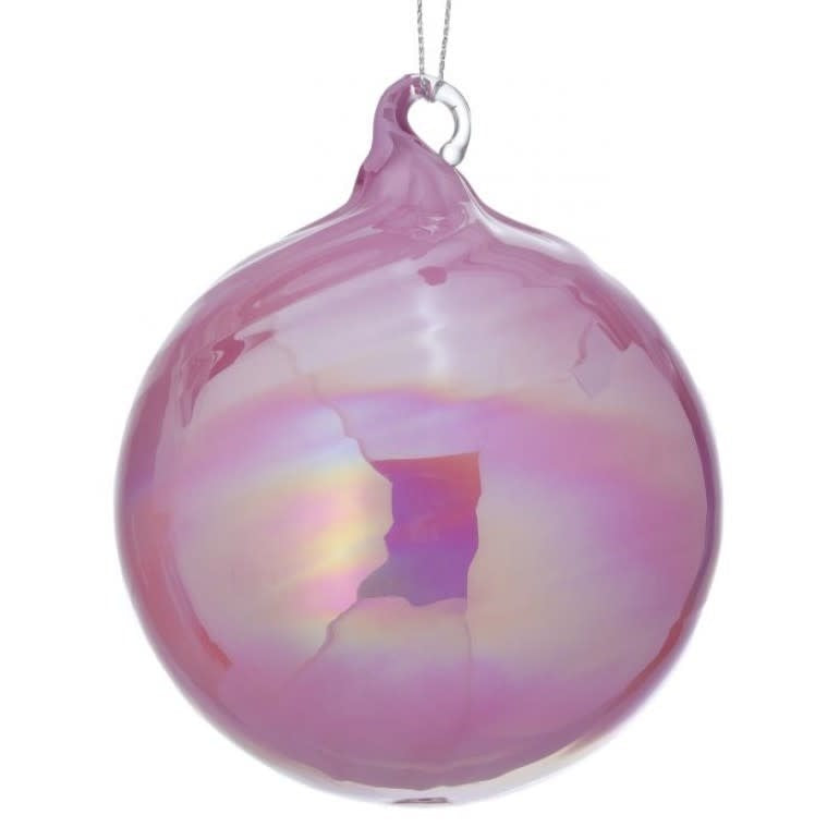 3.5-inch round glass ball ornament in a pearlescent pink finish with a swirling design.
