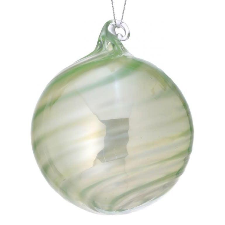 3.5-inch spherical glass Christmas ornament with a pearlized finish and green swirl pattern.