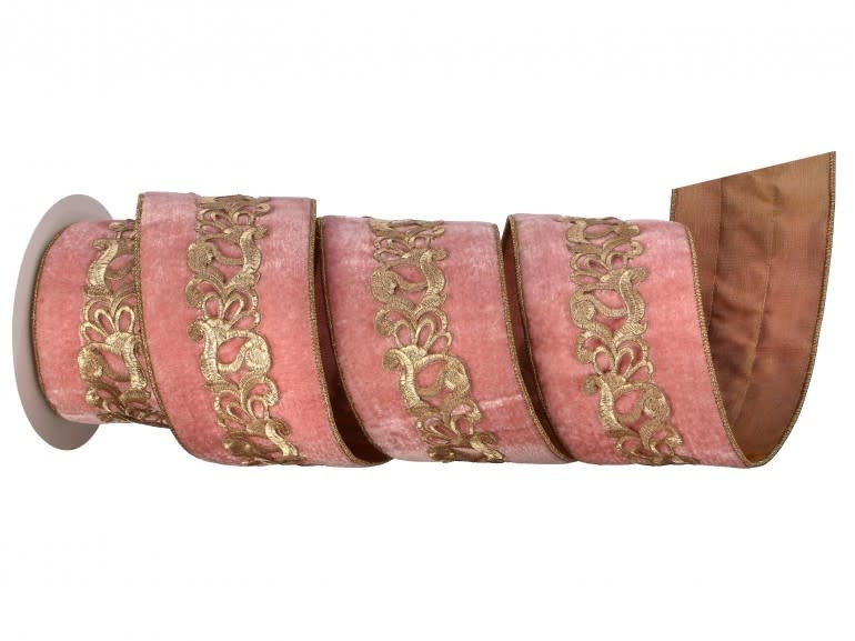 Package of red laser-cut velour ribbon trim with tissue backing.
