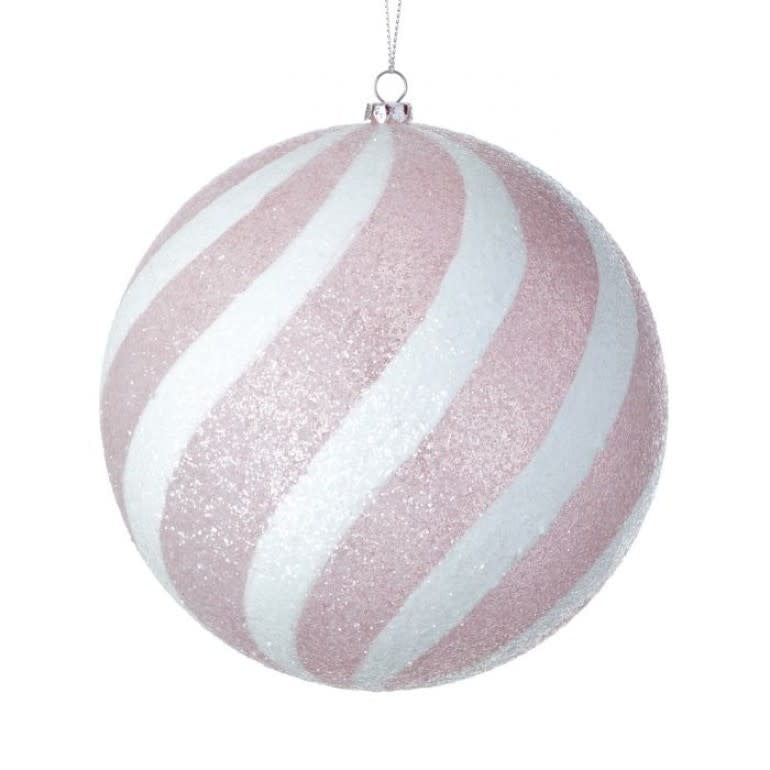 White spherical Christmas ornament with a candy cane striped pattern.