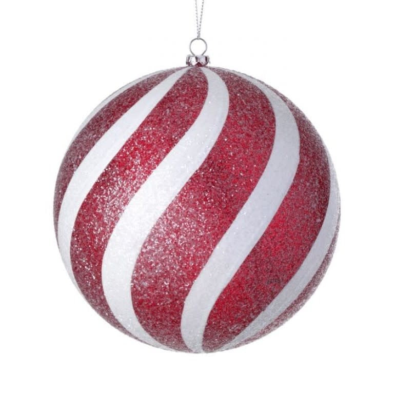 Round white ornament with red swirls resembling an iced candy ball