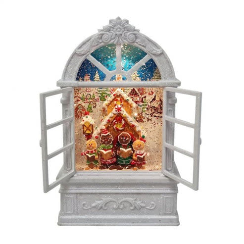 9-inch gingerbread arch window globe with battery-operated LED timer lights