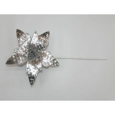Twenty-four-inch shiny mirrored poinsettia stem with silver metallic finish