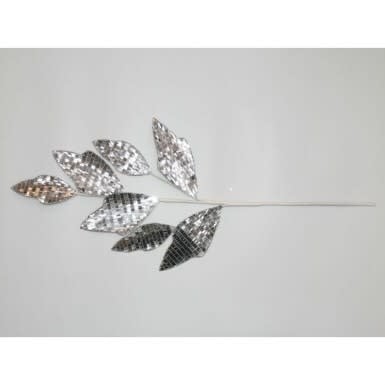 A 30-inch silver leaf spray featuring multiple mirrored, mosaic-tiled leaves on a thin stem.