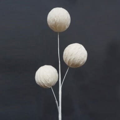 Decorative 30-inch spray featuring three ivory, cable-knit sweater-textured spheres on white stems.