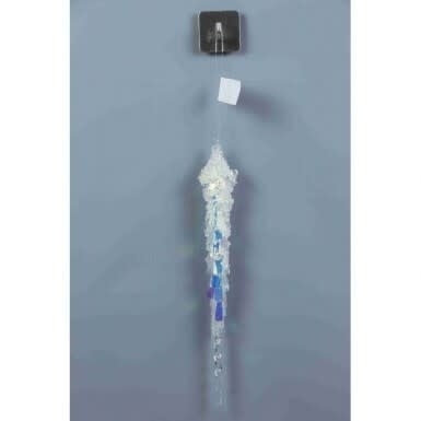 11-inch iridescent icicle ornament with clear, textured glass and blue accents.