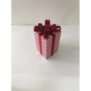 10-inch red and white striped glitter gift box with a red velvet bow and jingle bell accent.