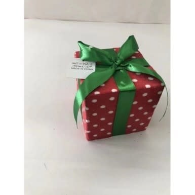 Five-inch polka dot gift box ornament with red background and white dots.