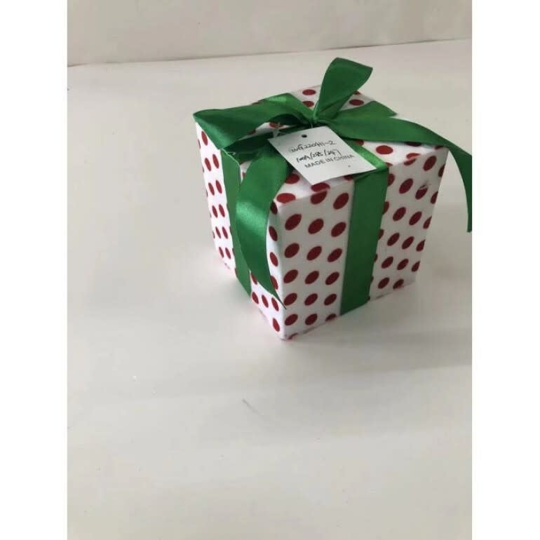 Five-inch polka dot gift box ornament with a festive red and white pattern.