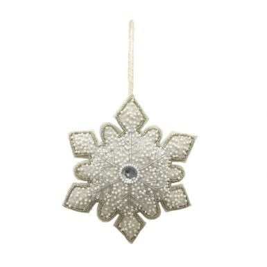 White silver sequin snowflake ornament with bead accents