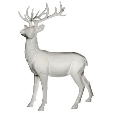 White resin standing deer sculpture with modern abstract geometric antlers.