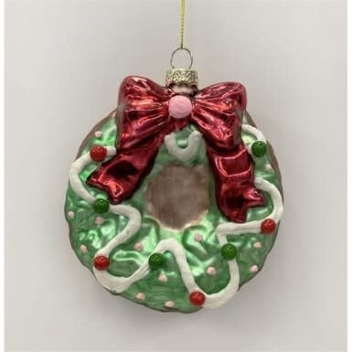 Five-inch glass holiday wreath ornament with a sweet treat motif.