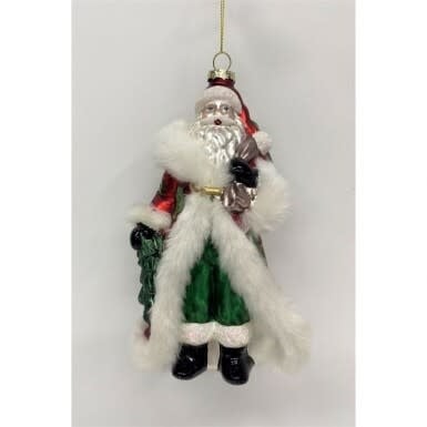 8-inch glass Santa ornament with holly leaf accents in red and green tones.
