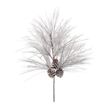Snow-dusted artificial pine spray with three small pinecones on a single stem.