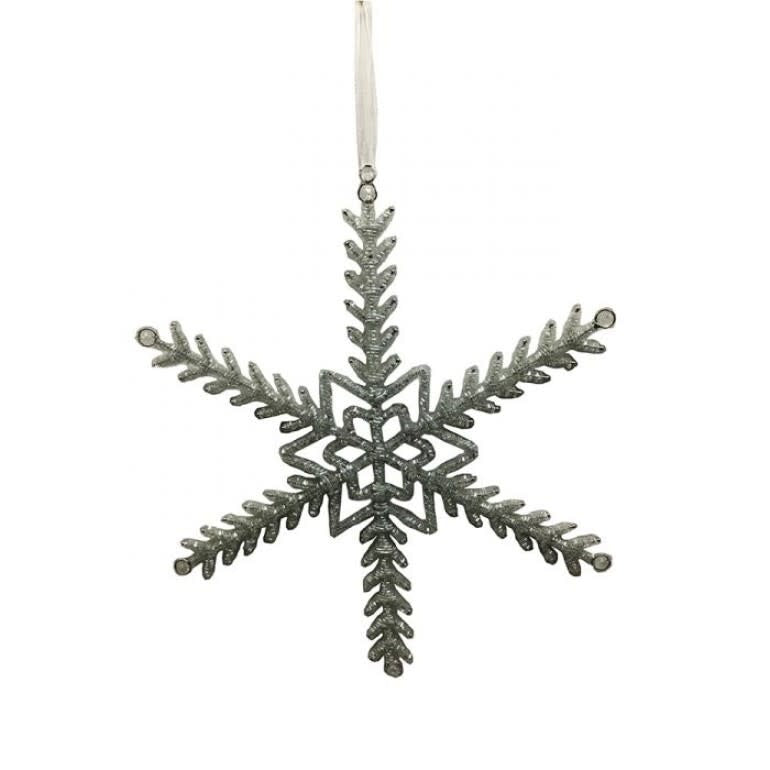 Silver beaded snowflake ornament with intricate geometric patterns