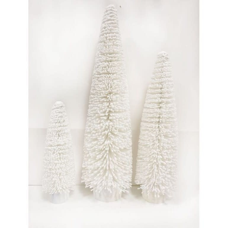 White artificial bristle tree with snow-tipped branches designed for holiday decoration.