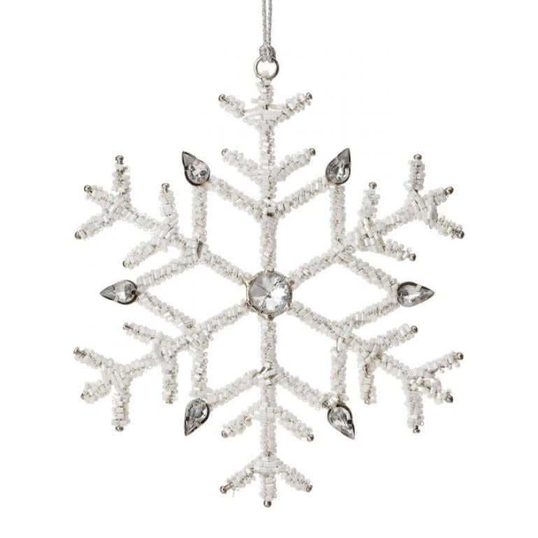 White beaded snowflake ornament with jeweled accents measuring 6.5 inches wide.