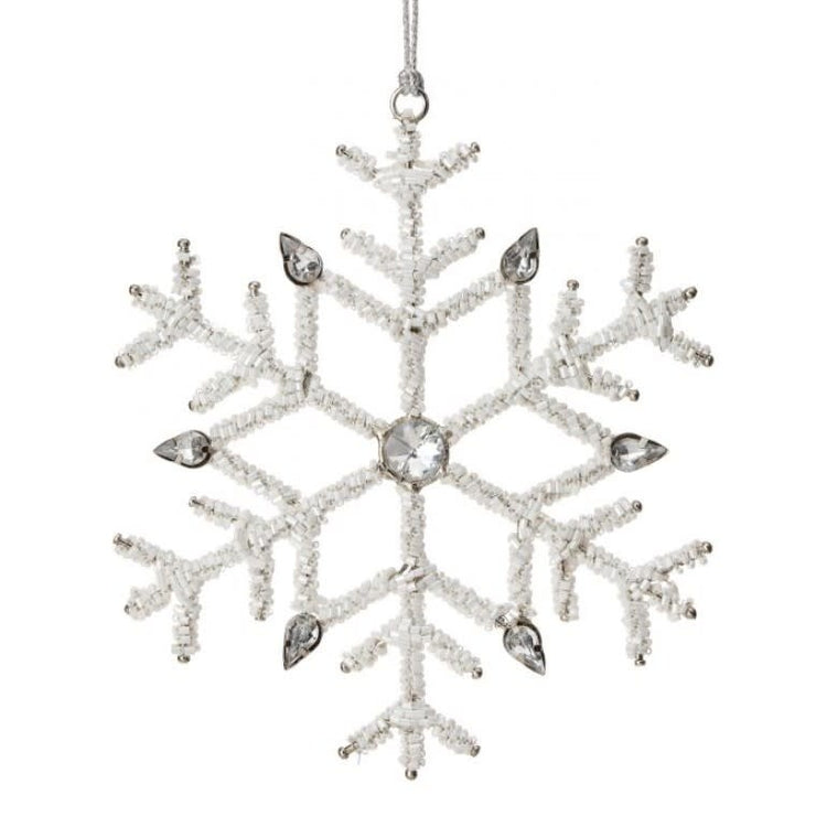 White beaded snowflake ornament with jeweled accents measuring 6.5 inches wide.