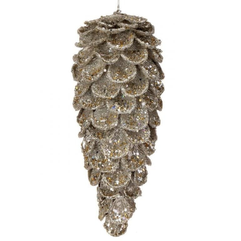11.5-inch iced jewel pinecone ornament in a metallic silver finish with glittery accents.