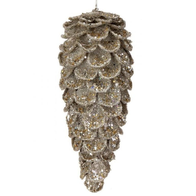 11.5-inch iced jewel pinecone ornament in a metallic silver finish with glittery accents.