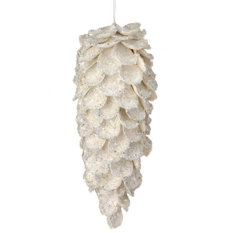 11.5-inch white pinecone ornament covered in sparkling glitter for holiday decoration.