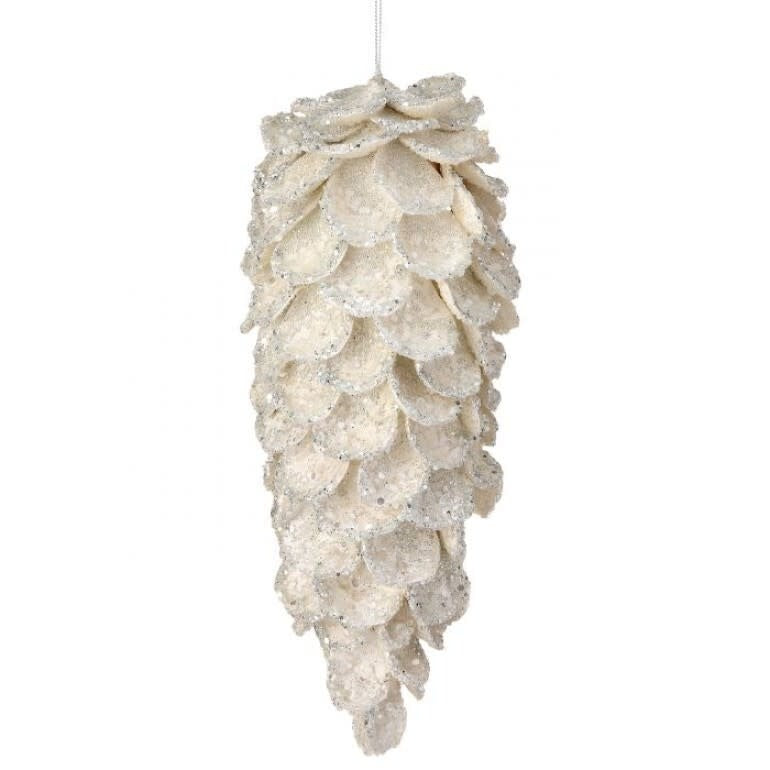 11.5-inch white pinecone ornament covered in sparkling glitter and icy accents.