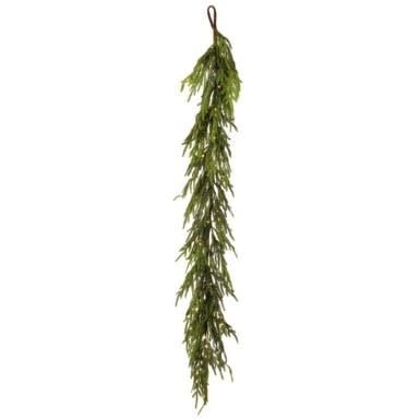 Green Norfolk pine garland with natural touch plastic foliage designed for holiday decoration.