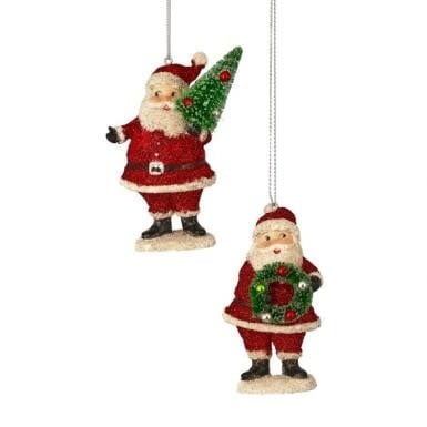Resin Santa ornament with glitter coating in red and white colors.
